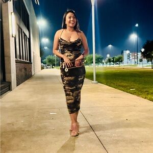 AKIRA Black and Gold Camo-Print Midi Dress